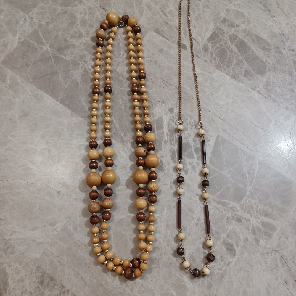 Wood Beaded Necklace Set Of 2 Brown and Cream Boho Jewelry Necklaces - Picture 8 of 9